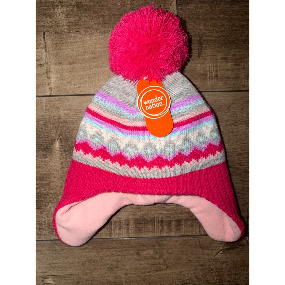 Wonder Nation Girls Fair Isle Knit Trapper Hat Pink Blue Fleece Lined Pom Beanie